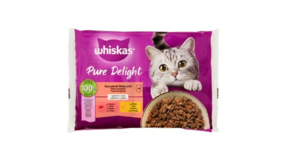 Whiskas Pure Delight Cibo Umido Gatto Succulenti Straccetti in Gelatina con Manzo e Pollo 4 x 85 g