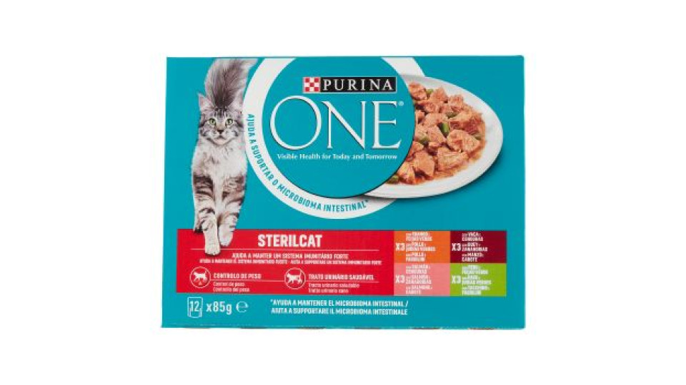 PURINA ONE umido Sterilcat Pollo Fagiolini, Manzo Carote, Salmone Carote, Tacchino Fagiolini 12x85g