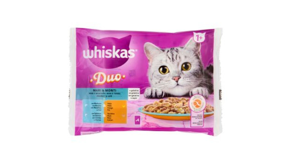 Whiskas Duo Mari & Monti in gelatina, con Merluzzo & Pollo, con Salmone & Tacchino 4 x 85 g