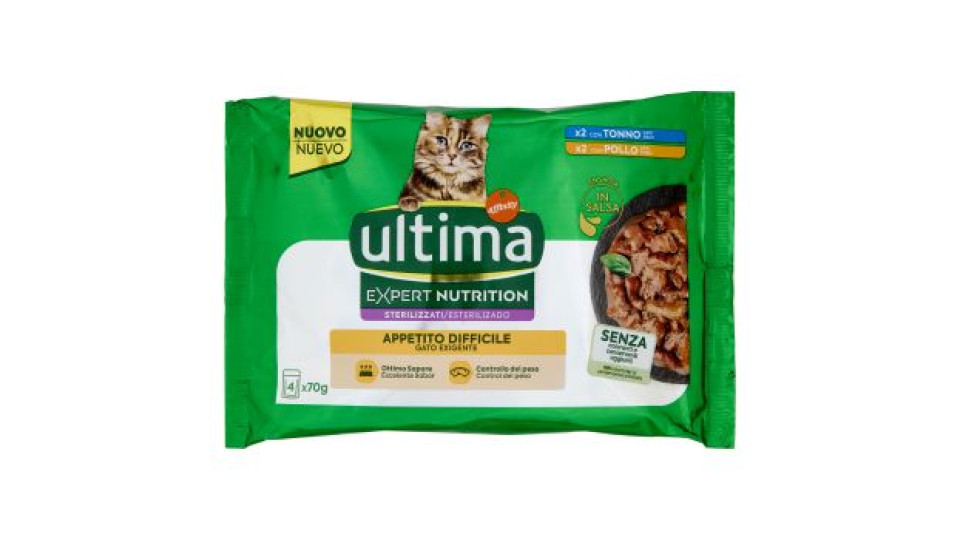 ultima Expert Nutrition Cat Sterilizzati Appetito Difficile con Tonno, con Pollo in Salsa 4 x 70 g