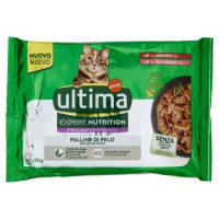 ultima Expert Nutrition Cat Sterilizzati Palline di Pelo con Manzo, con Salmone in Salsa 4 x 70 g