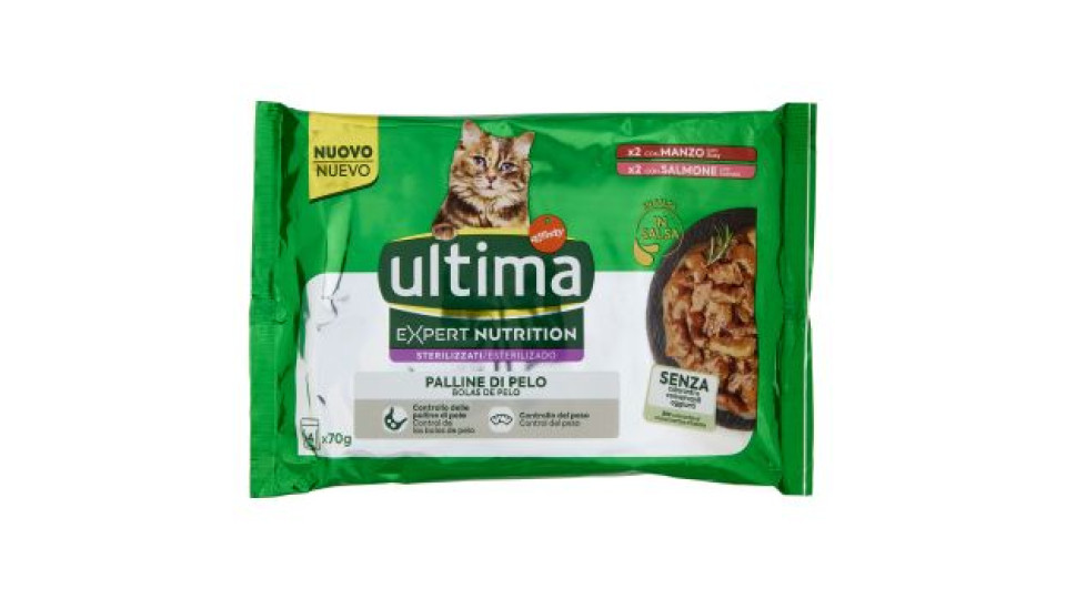 ultima Expert Nutrition Cat Sterilizzati Palline di Pelo con Manzo, con Salmone in Salsa 4 x 70 g