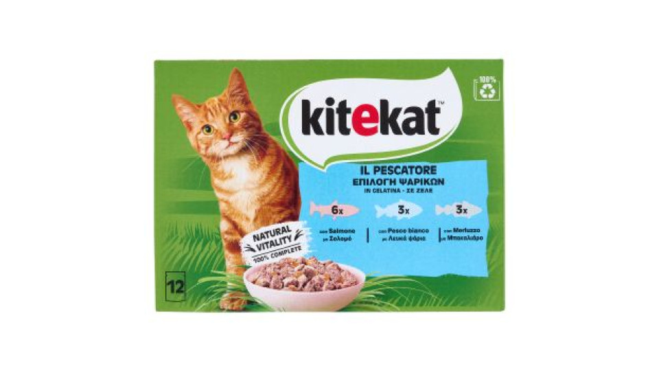 Kitekat Pescatore Cibo Umido Gatto in Gelatina con Salmone, con Pesce bianco, con Merluzzo 12 x 85 g