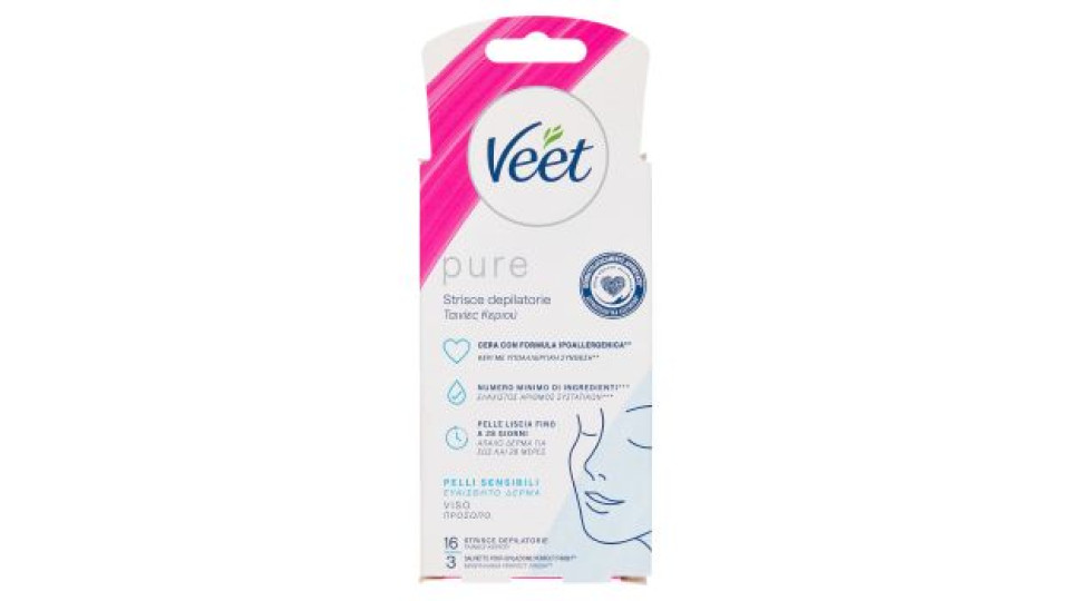 Veet Pure Strisce Depilatorie Viso, Ipoallergeniche, Confezione da 16 Strisce