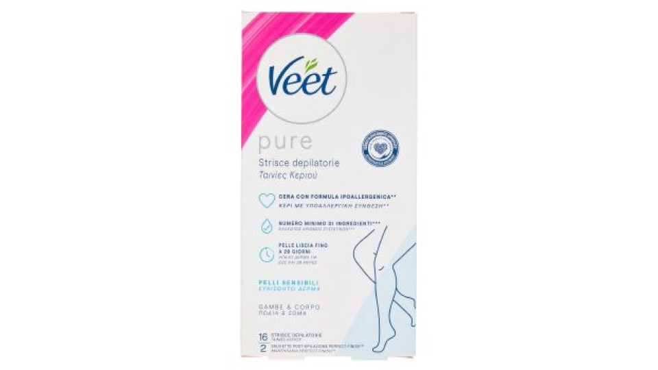 Veet Pure Strisce Depilatorie Corpo e Gambe, Ipoallergeniche, Confezione da 16 Strisce