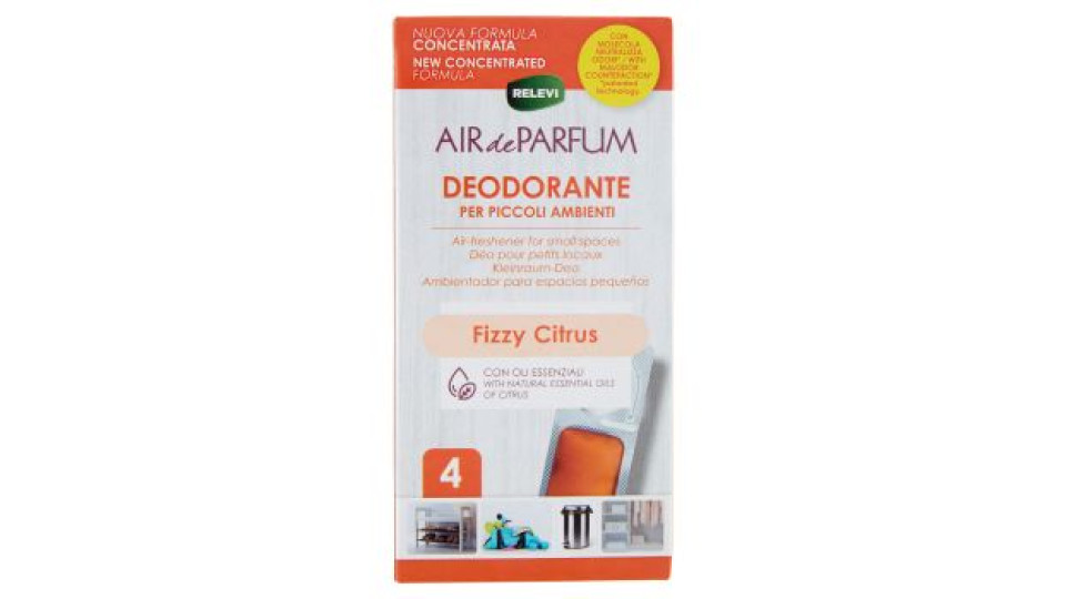 Relevi Air de Parfum Deodorante per Piccoli Ambienti Fizzy Citrus 4 x 2,5 g