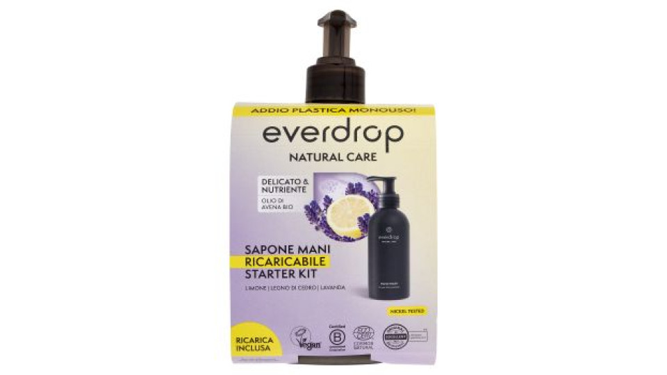 everdrop Natural Care Sapone Mani Ricaricabile Starter Kit Limone - Legno di Cedro - Lavanda