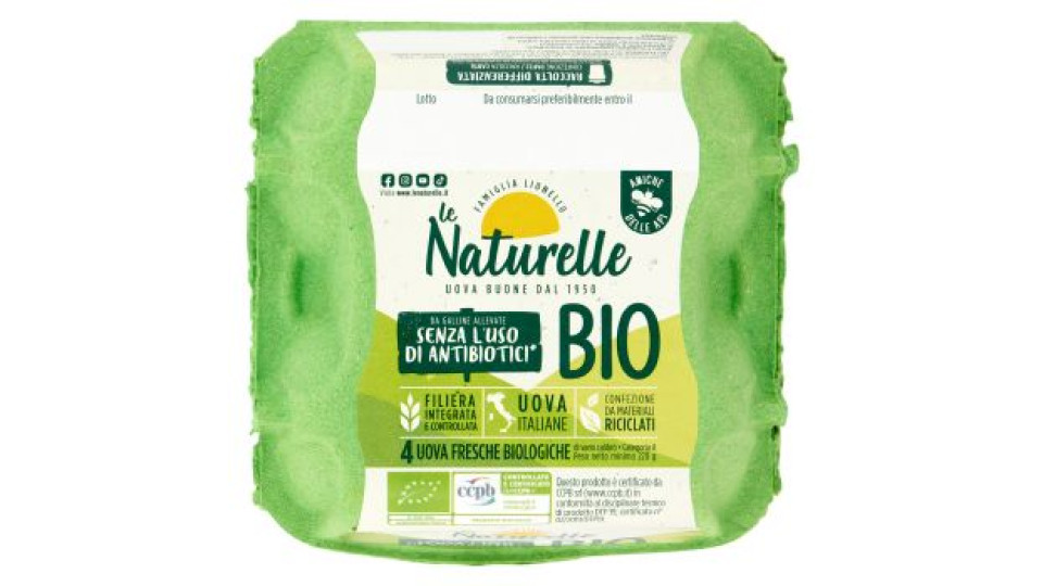 le Naturelle Bio 4 Uova Fresche Biologiche da Galline Allevate Senza l'Uso di Antibiotici* 220 g