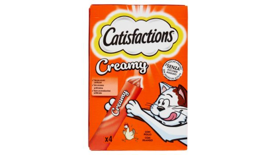 Catisfactions, Snack Cremoso Liquido per Gatto, con irresistibile Pollo, 4 Confezioni da 10 g
