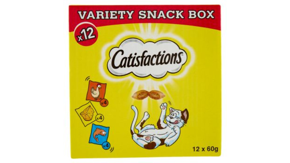 Catisfactions Snack Gatto Scatola Mista Tre Gusti Pollo Formaggio Salmone 12 Confezioni da 60g