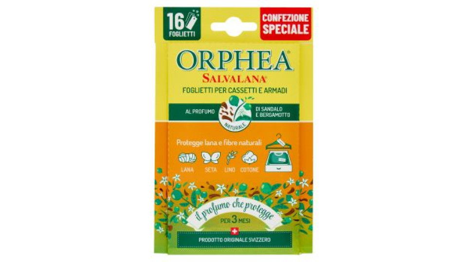 Orphea Salvalana Foglietti per Cassetti e Armadi al Profumo di Sandalo e Bergamotto 12 x 0,65 g