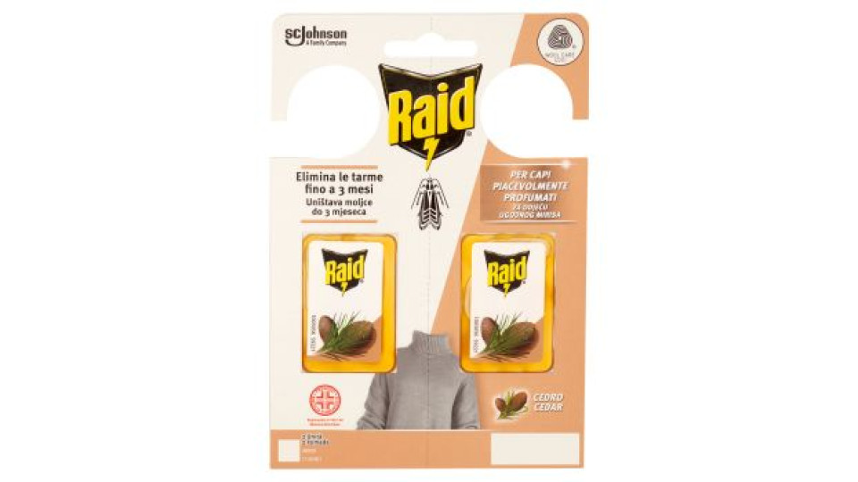 Raid Anti Tarme Gel Vestiti, Per Capi Piacevolmente Profumati, Fragranza al Cedro, 2 x 3g