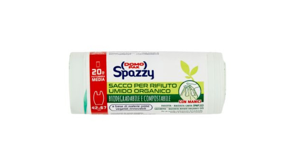 Domopak Spazzy Sacco per Rifiuto Umido Organico con Manici 20lt Pattumiera Media 42x67cm 15 pz
