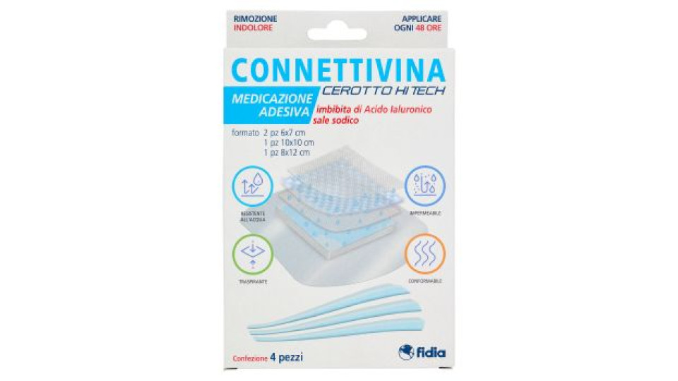 fidia Connettivina Medicazione Adesiva Cerotto Hi Tech formato 6x7cm 2 pz, 10x10cm 1 pz, 8x12cm 1 pz