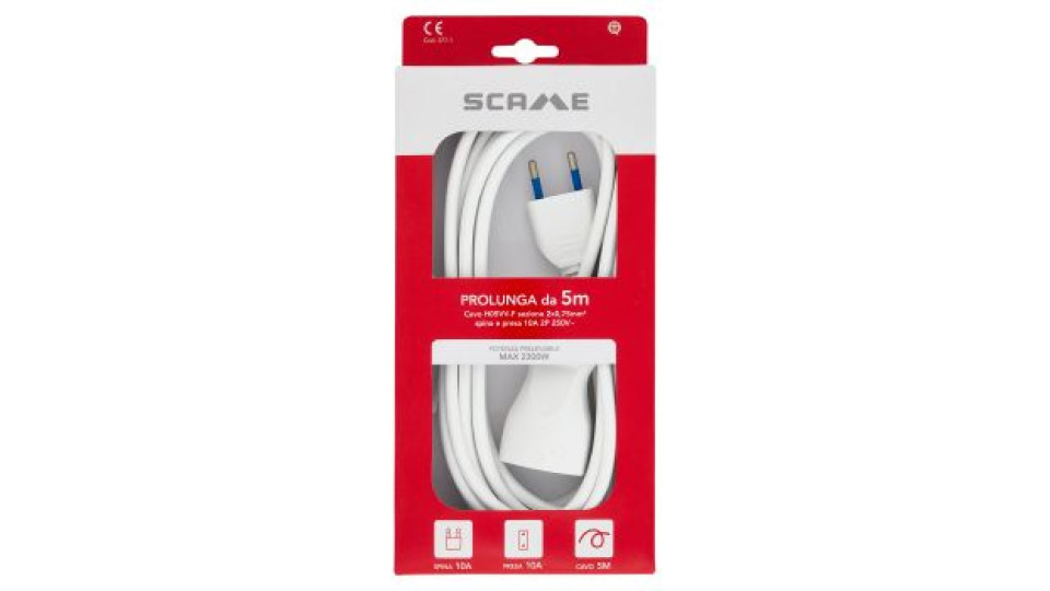 Secur Prolunga da 5 m cavo H05VV-F sezione 2x0, 75 mm², spina e presa 10A 2P 250V~ bianca