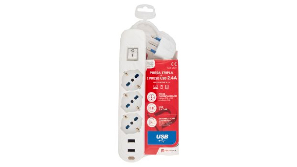 Polypool Presa Tripla + 2 Prese USB 2.4A