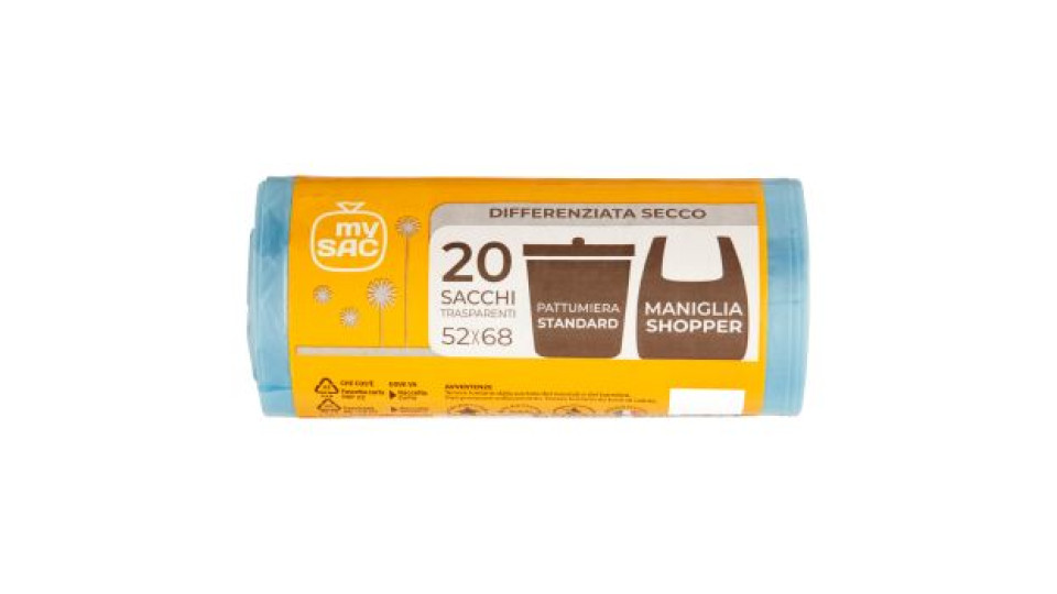 my Sac Differenziata Secco Sacchi Trasparenti 52x68 Pattumiera Standard 20 pz