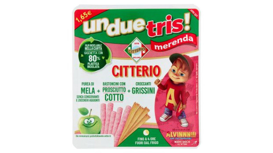 Citterio UnDueTris! merenda Purea di Mela + Bastoncini con Prosciutto Cotto + Grissini 132 g