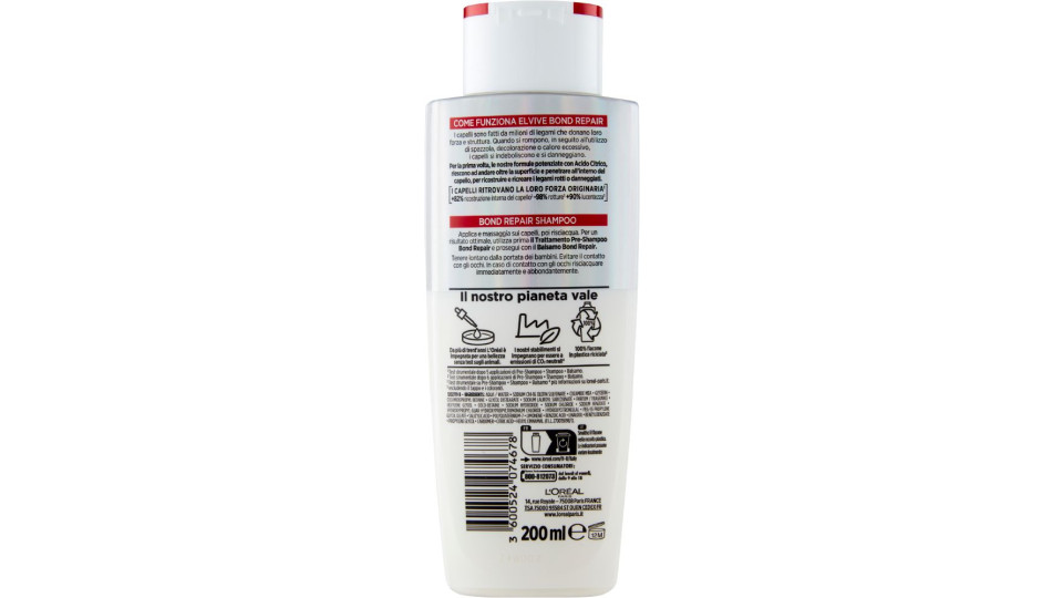 L'Oréal Paris Elvive Bond Repair Shampoo Con Acido Citrico Per Capelli Danneggiati, 200 ml
