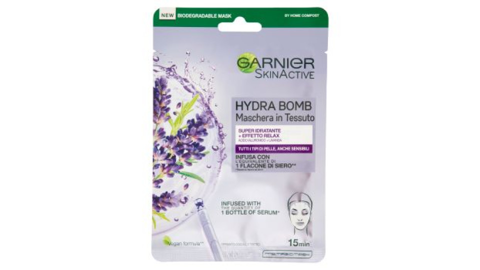 Garnier Maschera in Tessuto SkinActive Hydra Bomb Lavanda, Formula Super Idratante Effetto Relax 28g