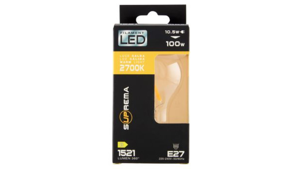 Suprema Filament Led 10.5w 100w Luce Calda 2700K 1521 Lumen 360° E27