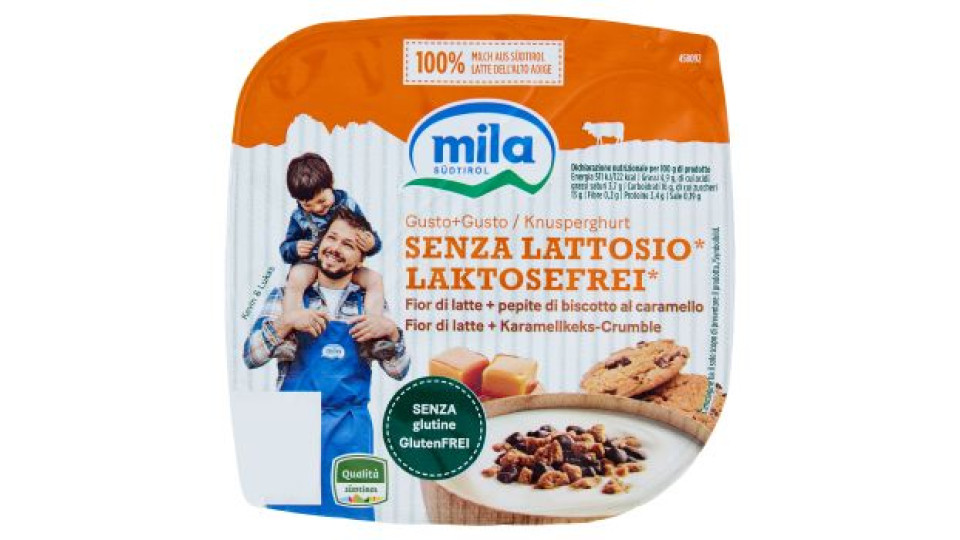 mila Gusto+Gusto Senza Lattosio* Fior di latte + pepite di biscotto al caramello 150 g