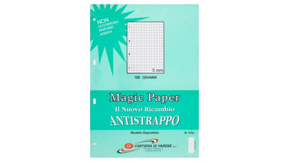 Cartiera di Varese Magic paper il nuovo ricambio antistrappo 40 fogli quadretto 5 mm