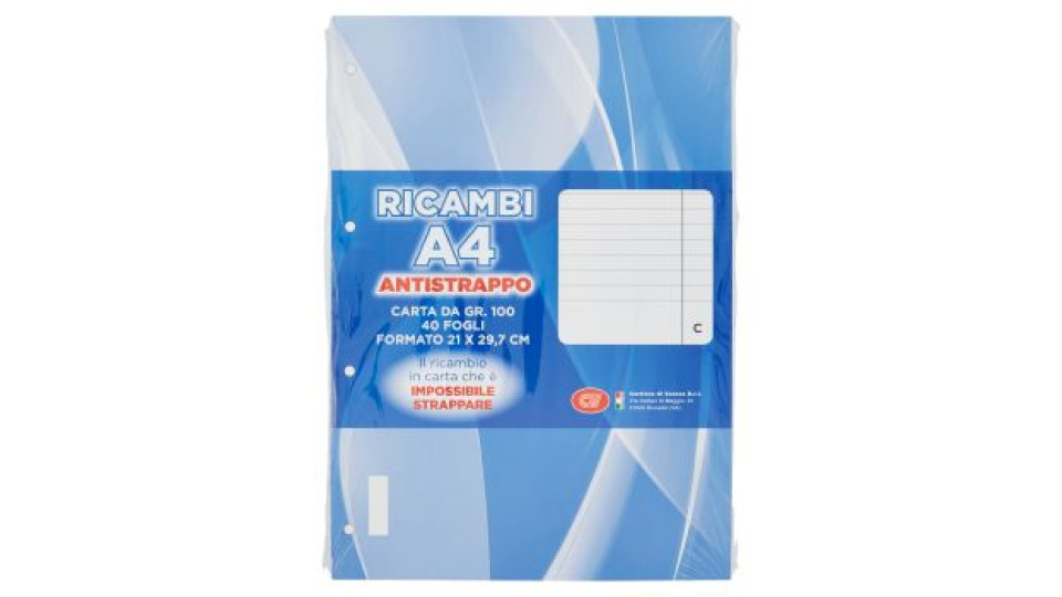 Cartiera di Varese Ricambi A4 Antistrappo Carta da gr.100 Fogli Formato 21 x 29,7 cm Righe 40 pz