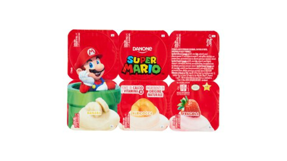 Danone Supermario, Merenda base formaggio, gusto Banana/Frag/Albicocca,fonte di Calcio, 6x50g