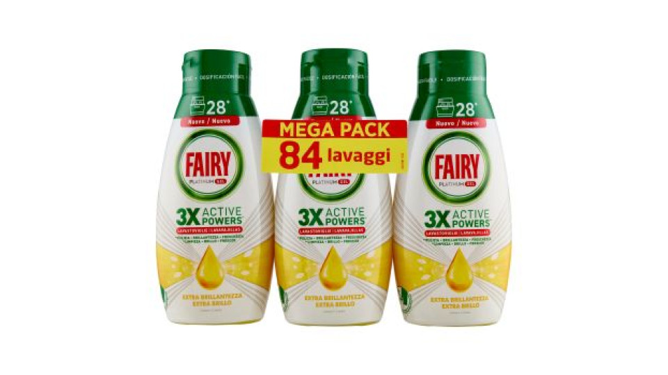 Fairy Gel Lavastoviglie Platinum Extra Brillantezza, Detersivo Piatti Limone 3x28=84 Lavaggi 3x504ml