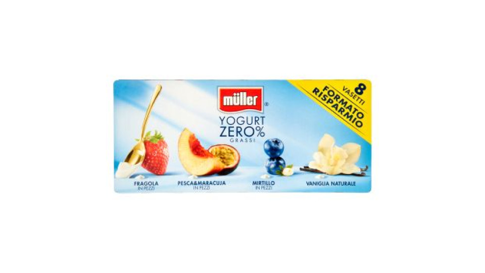 müller Yogurt Zero% Grassi Fragola, Pesca&Maracuja, Mirtillo in Pezzi - Vaniglia Naturale