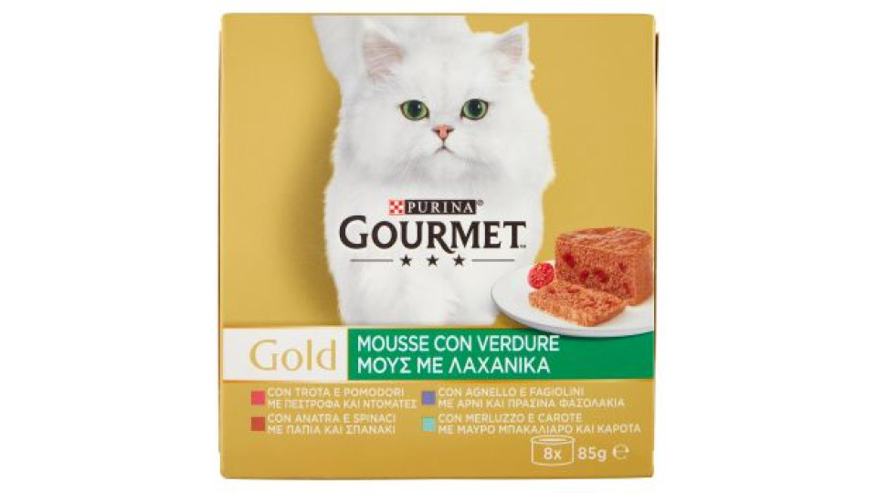 PURINA GOURMET Gold Mousse Verdure Trota&Pom/Anatra&Spinaci/Agnello&Fagiolini/Merluzzo&Carote 8x85g