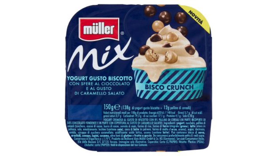 müller Mix Bisco Crunch Yogurt Gusto Biscotto con Sfere al Cioccolato e al Caramello Salato 150 g