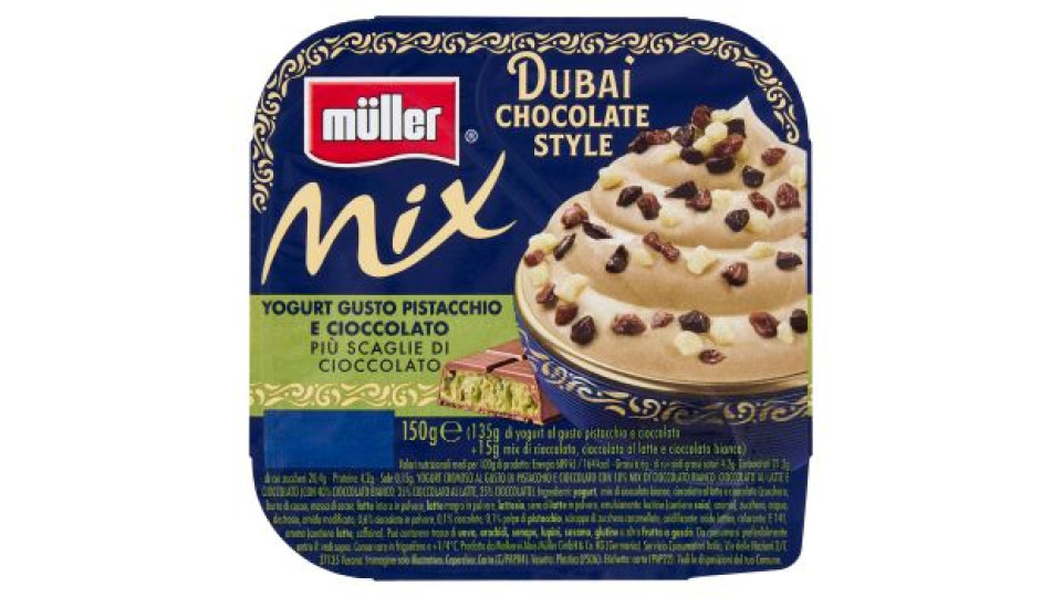 müller Mix Dubai Chocolate Style Yogurt Gusto Pistacchio e Cioccolato Più Scaglie di Cioccolato 150g
