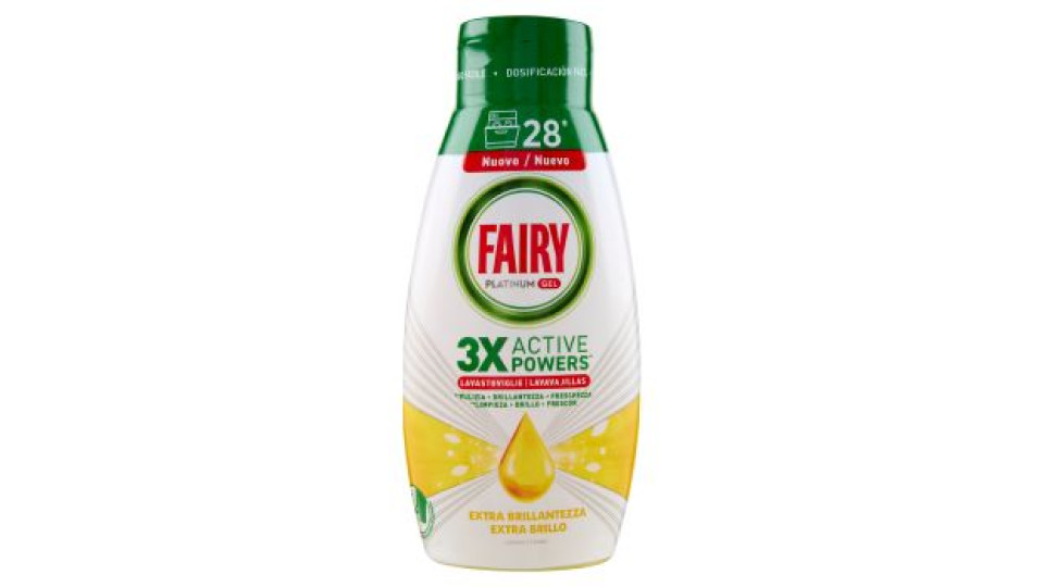 Fairy Gel Lavastoviglie Platinum Pulizia Profonda, Detersivo Piatti Profumo Limone 30 Lavaggi 600 ml