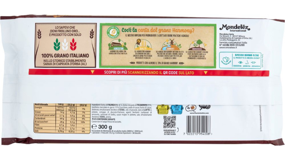 Saiwa, Oro grano fondente frollino integrale com gocce di cioccolato