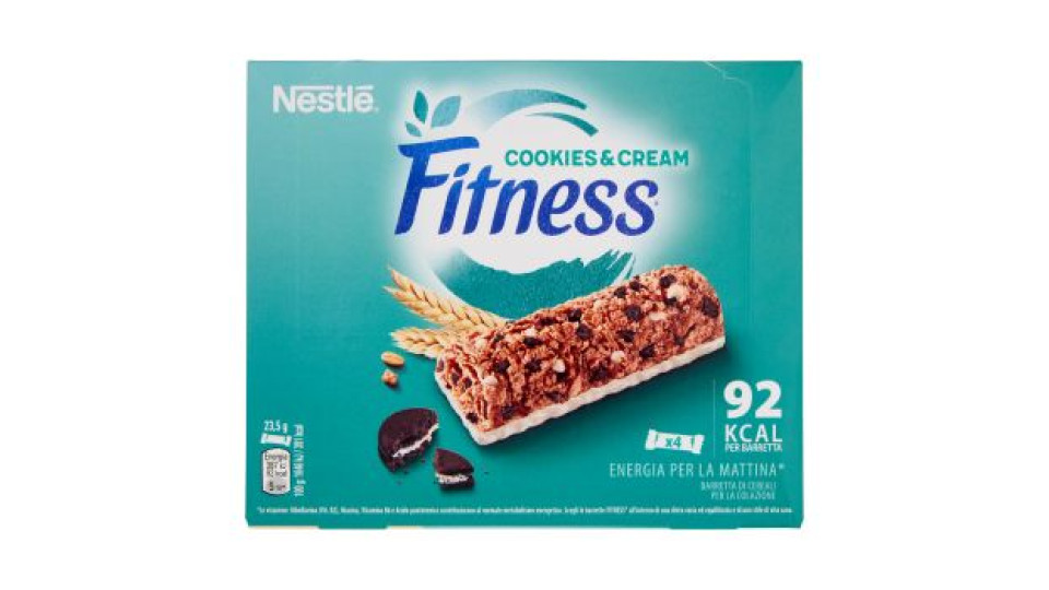 FITNESS Cookies & Cream Barrette Cereali Integrali con Biscotti e Cioccolato Bianco 4 pezzi da 23,5g