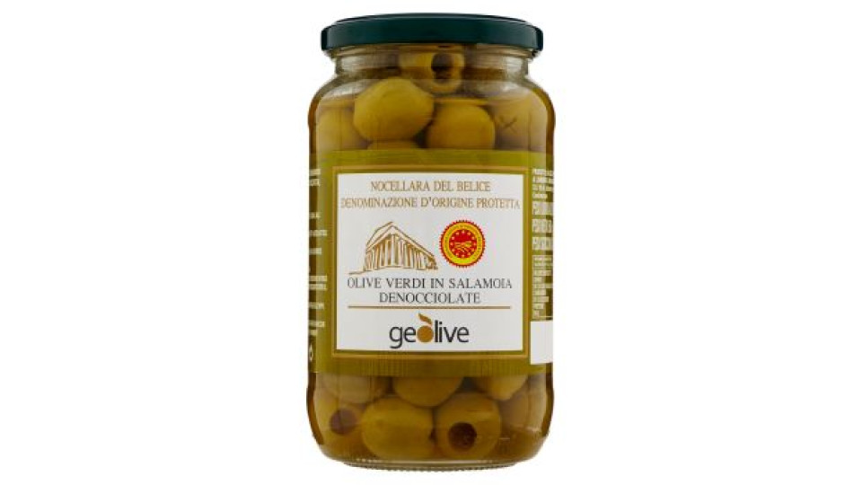 Geolive, olive verdi in salamoia denocciolate Nocellara del Belice DOP