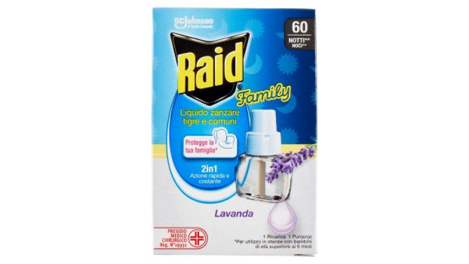 Raid Liquido Family Ricarica, 60 Notti, Lavanda, 36 ml