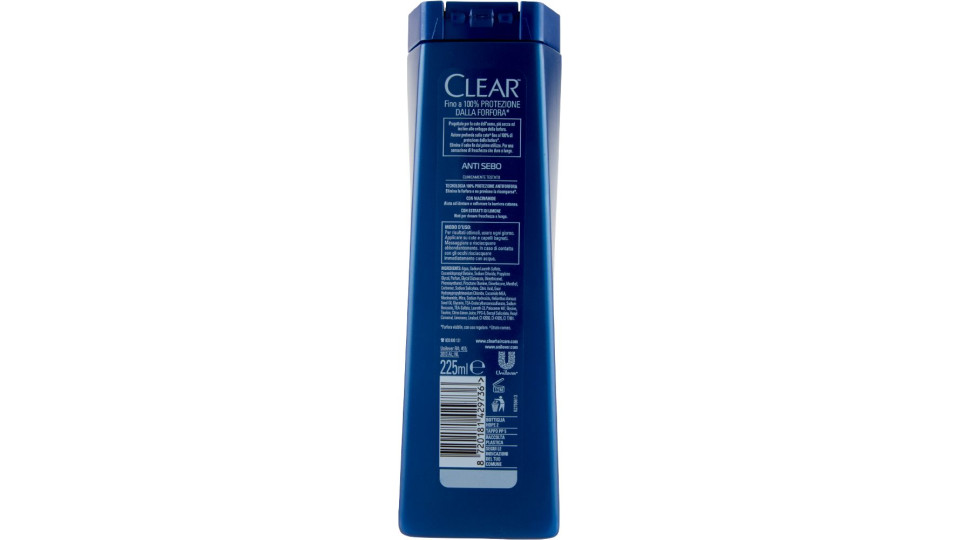 Clear Men Shampoo Antiforfora Anti Sebo per Capelli e Cute Grassa 225 ml