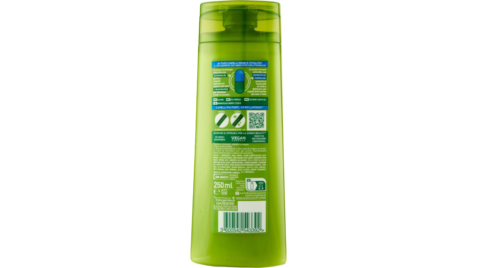 Garnier Fructis Shampoo Forti & Brillanti 2in1, shampoo fortificante per capelli normali, 250 ml