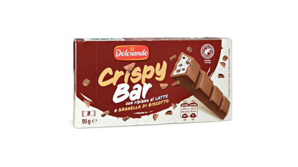 Barretta crispy bar con ripieno al latte e granella di biscotto