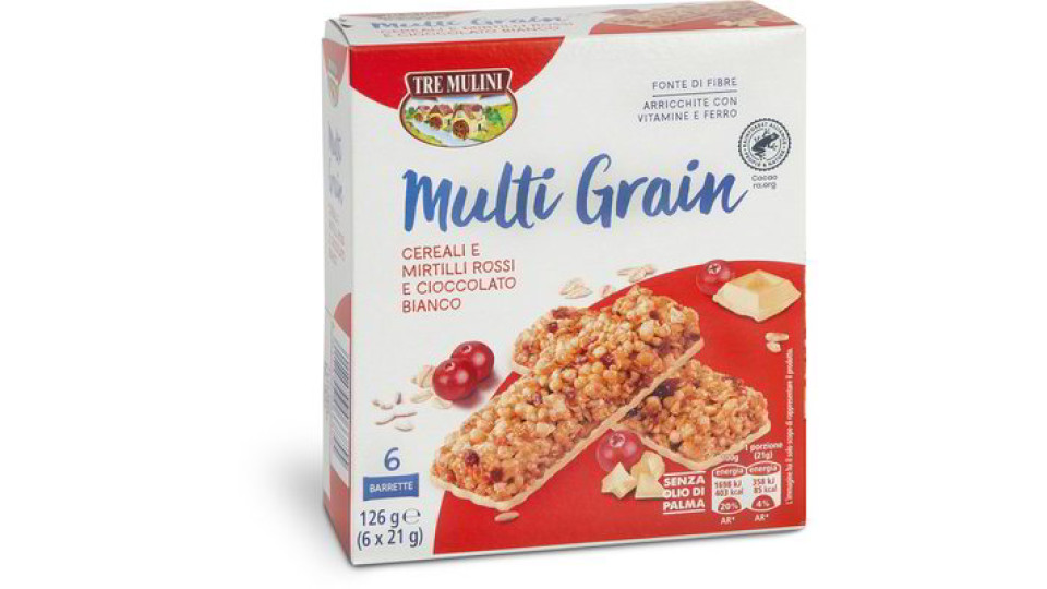 Barrette Multi Grain ai cereali e mirtilli rossi e cioccolato bianco