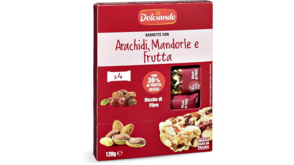 Barrette con arachidi, mandorle e frutta