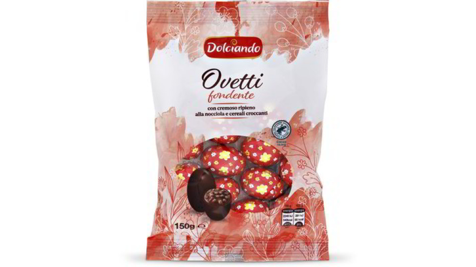 Ovetti di cioccolato fondente con cremoso ripieno alla nocciola e cereali croccanti