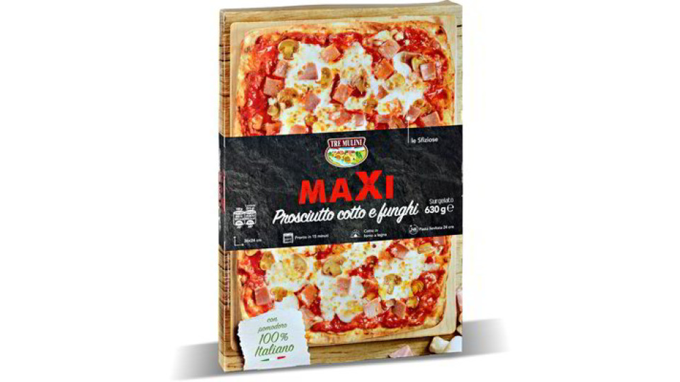 Pizza maxi con prosciutto cotto e funghi surgelata