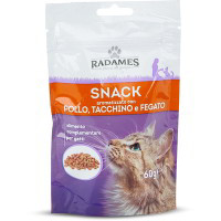 Snack aromatizzato con pollo, tacchino e fegato per gatti