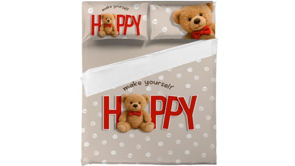 Completo letto matrimoniale con federe double face Happy Teddy