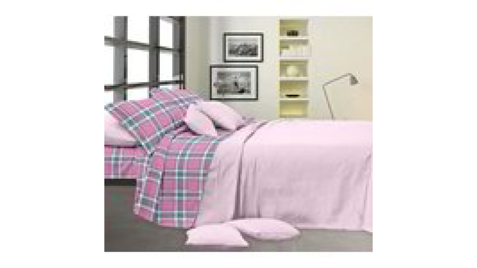 Completo letto matrimoniale in microfibra - Fantasia Quadri rosa