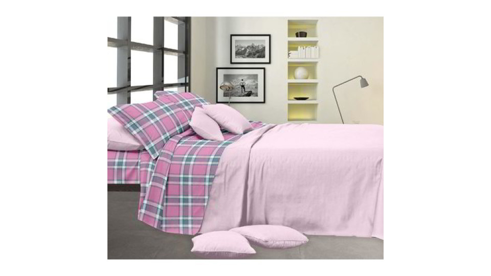 Completo letto matrimoniale in microfibra - Fantasia Quadri rosa
